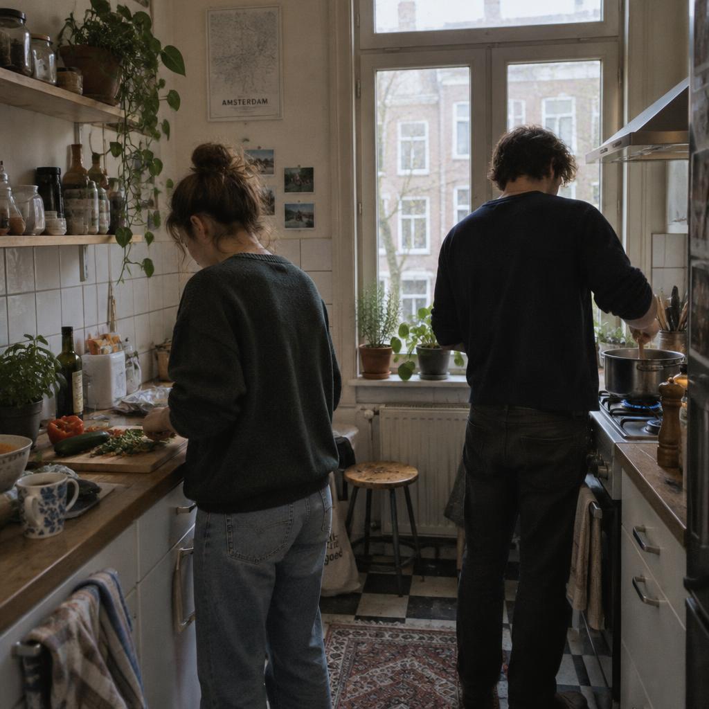 Twee mensen die samen koken in een gedeelde keuken